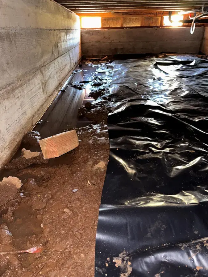 Wet plastic vapor barrier on the soil of a crawl space after water got under the house