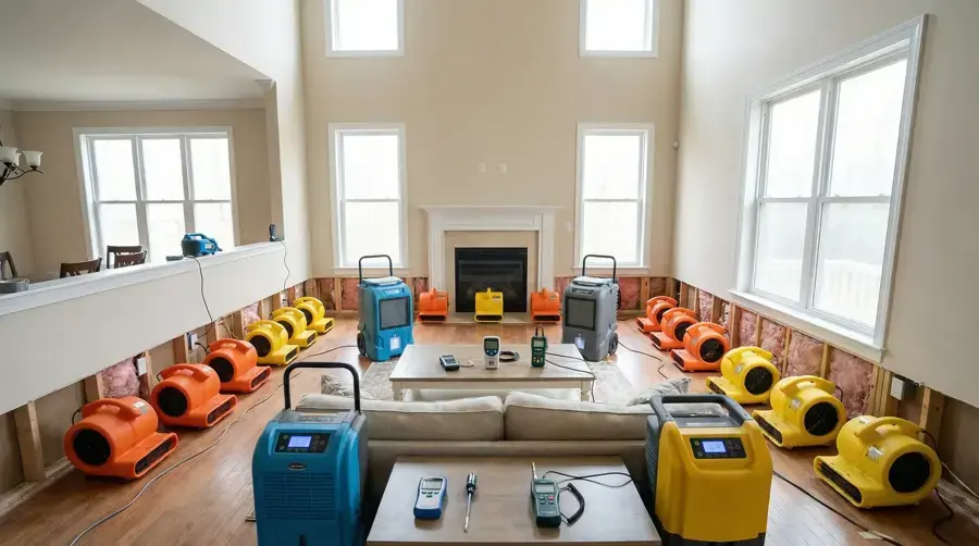 Air movers and dehumidifiers drying a living room with the lower walls cut open during a San Pablo water damage dry-out