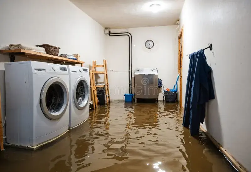 Washing machine and dryer standing in water across a flooded laundry room