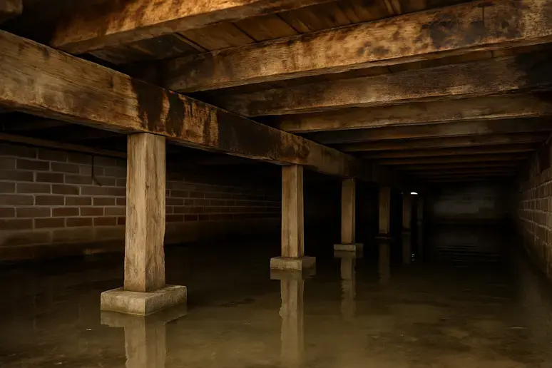 Standing water between brick piers in a crawl space under a house
